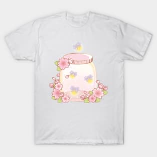 Magical Sakura Cherry Blossoms Floral Firefly Bottle T-Shirt